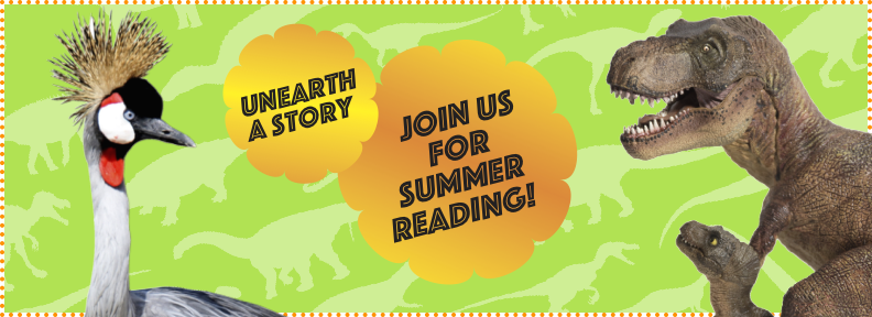 Unearth a story summer reading logo that includes a dinosaur and an emu