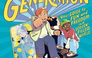Features a vibrant, energetic comic-book style illustration set against a bright yellow background, showcasing kids engaging in active, screen-free fun.