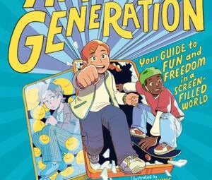 Features a vibrant, energetic comic-book style illustration set against a bright yellow background, showcasing kids engaging in active, screen-free fun.