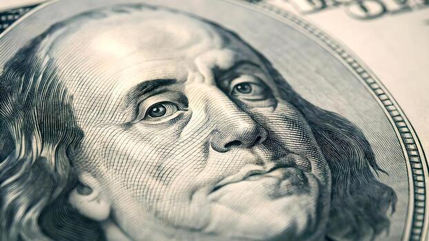 A zoomed in photo of Benjamin Franklin's face on the 100 dollar bill.