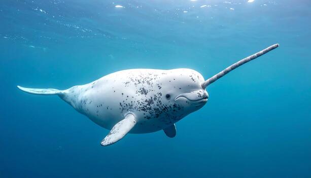 Underwater photo of a young narwhal swimming in the ocean.