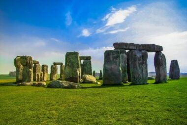 Horizontal photo of Stonehenge on a sunny day.
