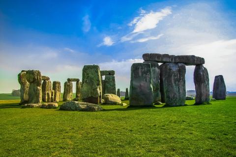 Horizontal photo of Stonehenge on a sunny day.