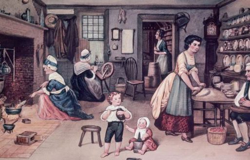 Painting of common activities during Colonial Times. Women cooking and sewing while children play with hand-made toys.