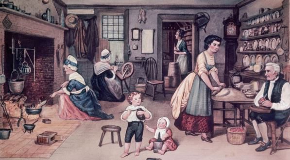 Painting of common activities during Colonial Times. Women cooking and sewing while children play with hand-made toys.