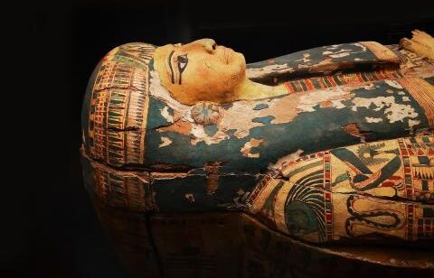 An image of an ancient Egyptian coffin, showcasing a detailed profile view of the face and upper torso carved on the lid. The paint has aged and includes intricate hieroglyphics and symbols.